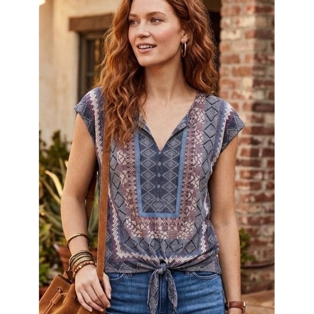 Lucky Brand Womens Blue Burgundy Geometric Boho V-Neck Front Tie Top Medium